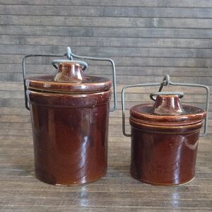 VTG Dark Brown Glazed Stoneware Cheese Crock Jar | With Lid & Bale Set Of 2